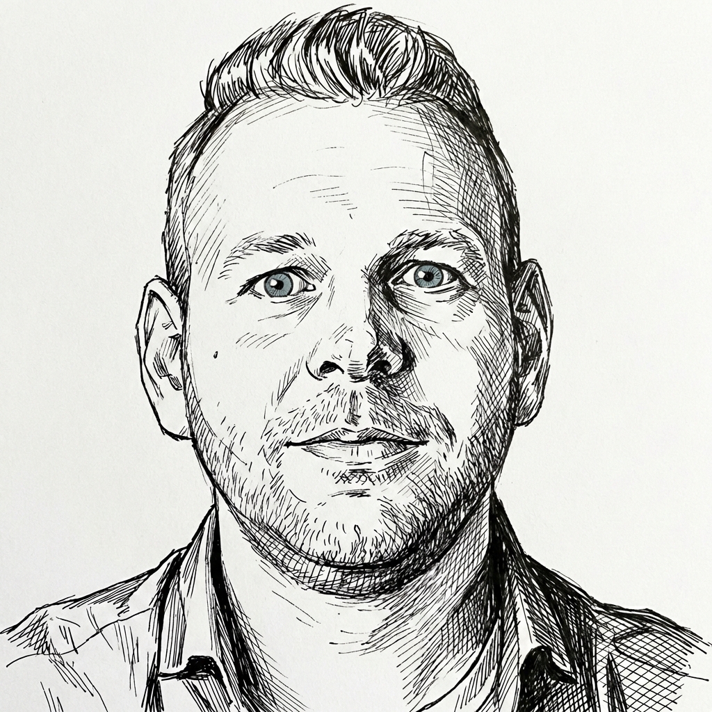 Portret van Mart Melis in schetsstijl