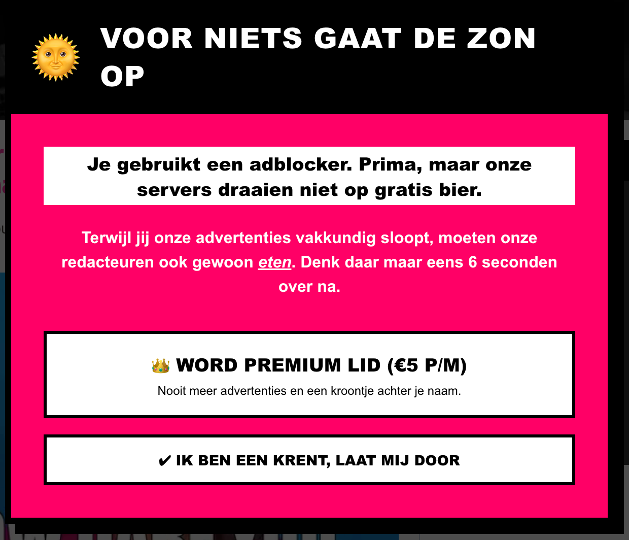 GeenStijl confirm shaming voorbeeld - "Ik ben een krent, laat mij door"